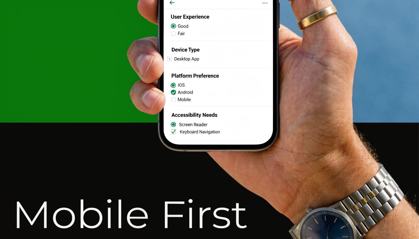 A person holding a smartphone displaying a mobile survey form with selected accessibility and platform preferences.