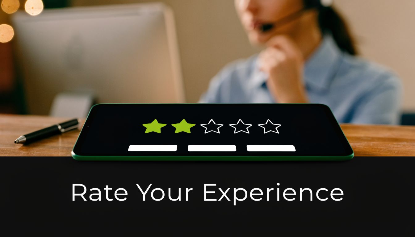 A digital tablet displaying a two-star rating prompt sits on a desk with a blurred office background.