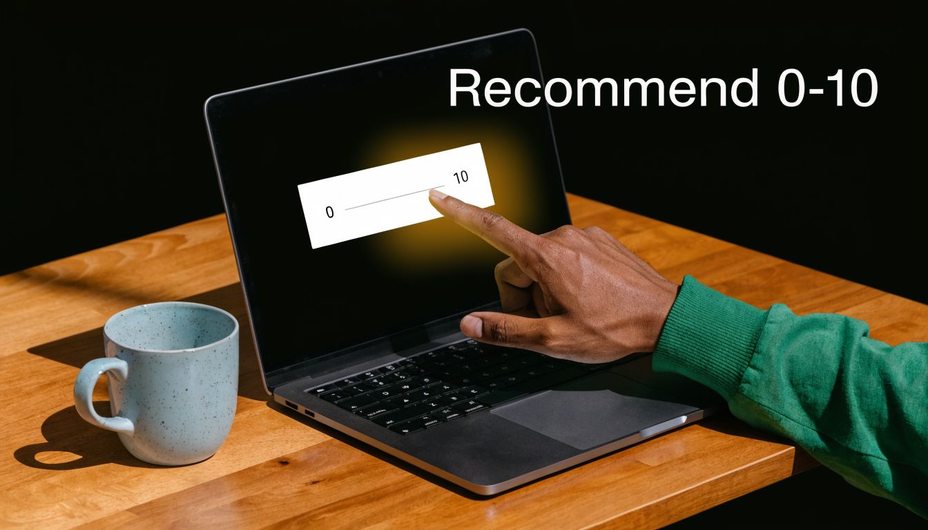 A hand using a finger to select a rating on a survey scale on a laptop screen.